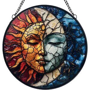 Sun & Moon Decor Suncatcher Stained Glass Window Hanging Handmade Stained Glass